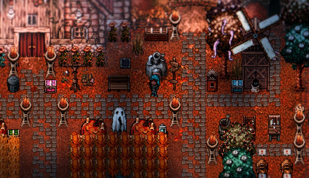 Official game screenshot of a farm with crops, paths, storage chests and a tentacled windmill