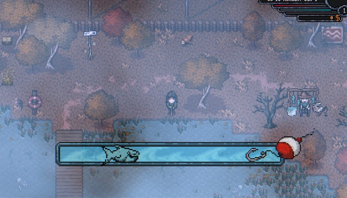 Official Welcome to Elderfield screenshot showing the fishing timing bar over the Lakefront